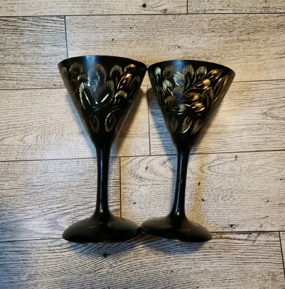Black Metal Etched Cups Set Of 2 Decor - Picture 5 of 8